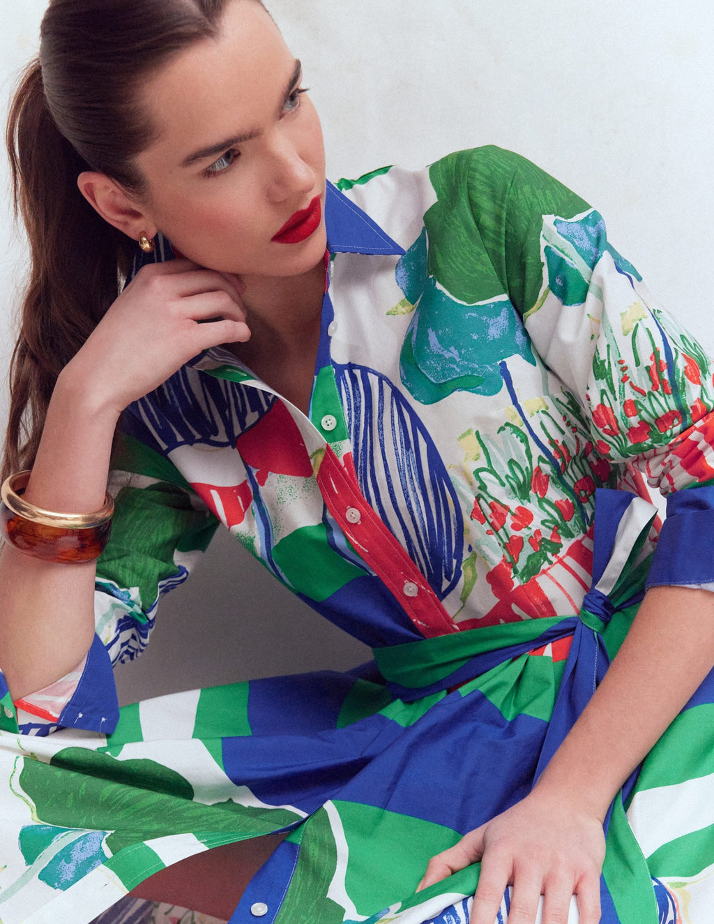Alexa Cotton Midi Shirt Dress-Multi Abstract Valley