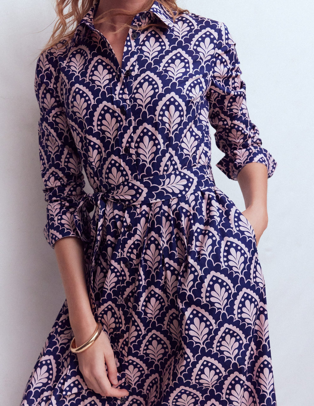 Alexa Cotton Midi Shirt Dress-Navy Petal Terrace