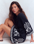 Short Kaftan Jersey Dress-Navy Embroidered