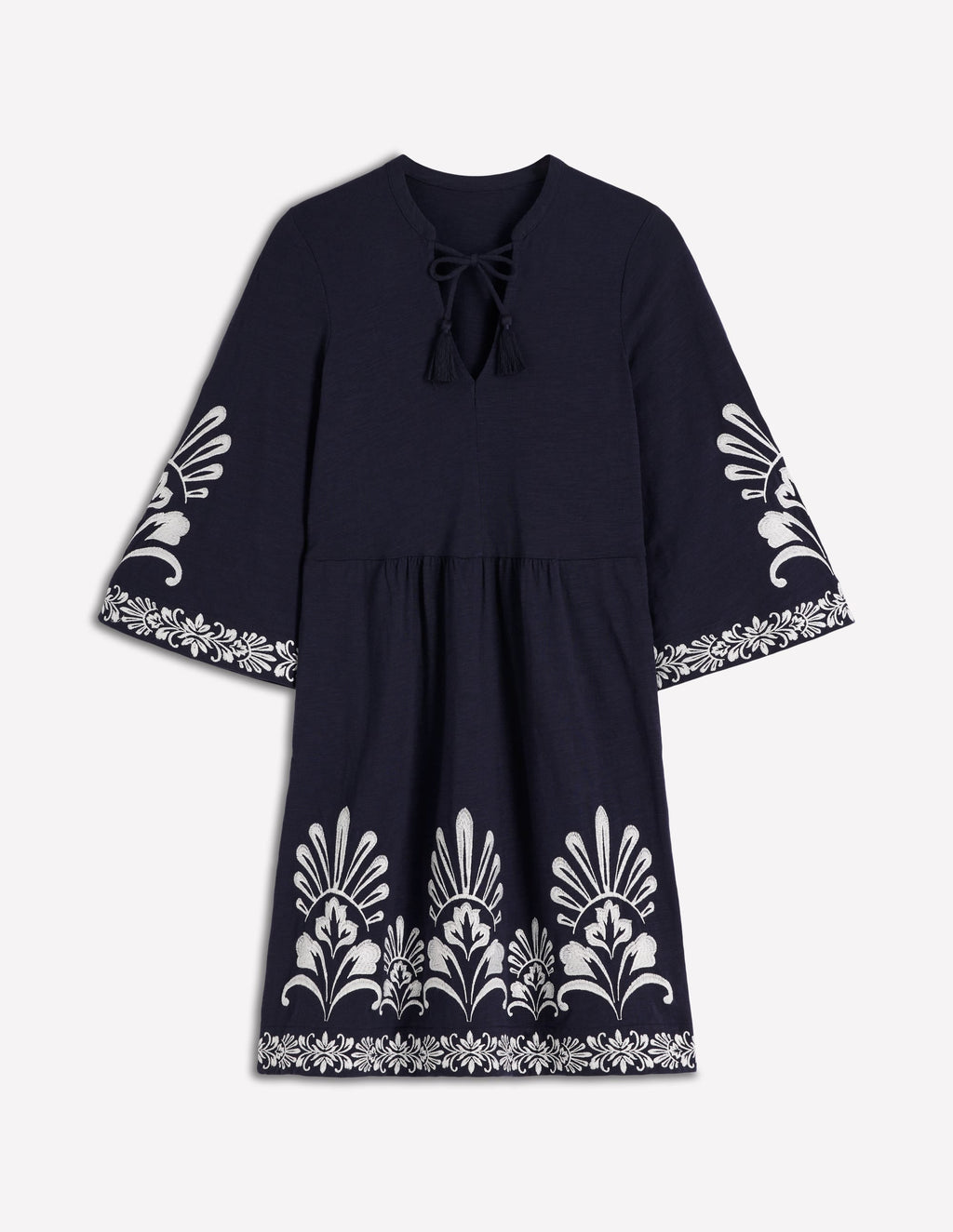 Short Kaftan Jersey Dress-Navy Embroidered