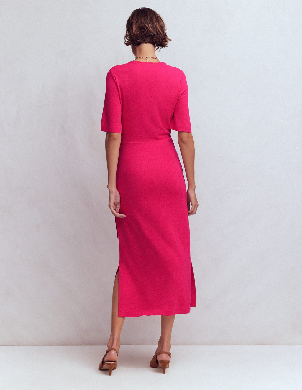 Zinnia Tie Jersey Midi Dress-Vibrant Pink