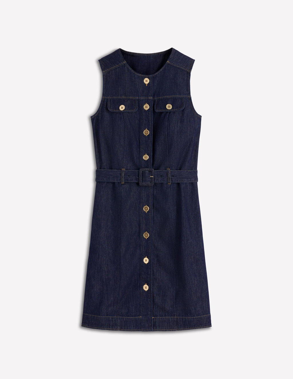 Short Gold Button Denim Dress-Indigo