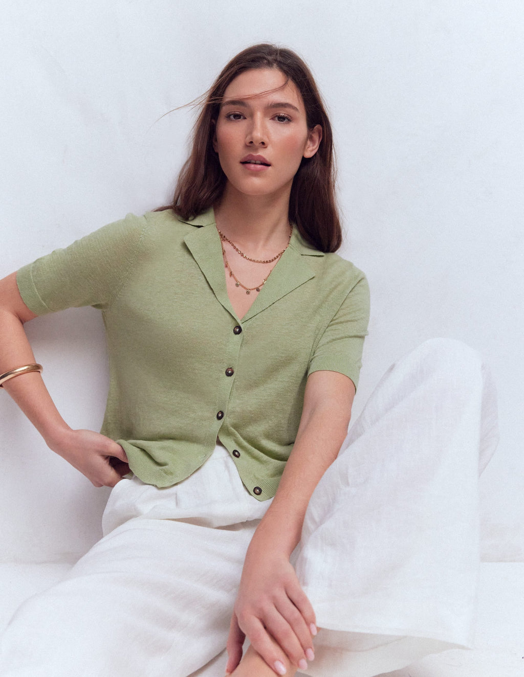 Agnes Collar Linen Cardigan-Green