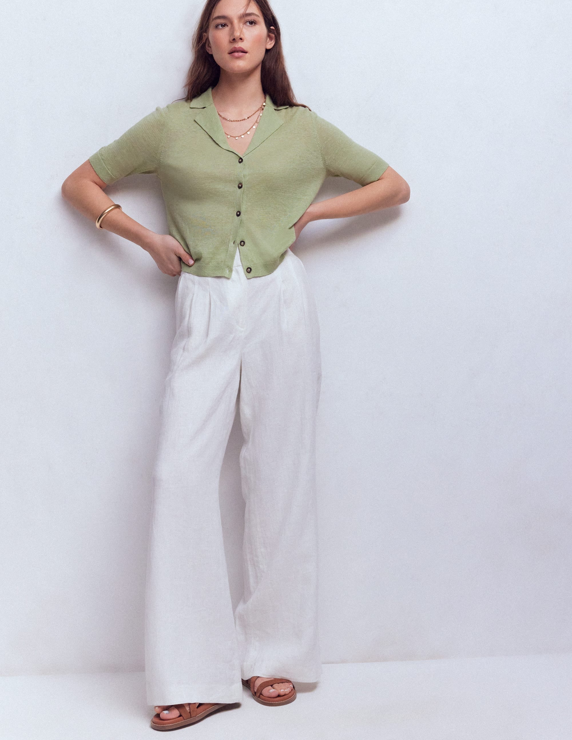 Agnes Collar Linen Cardigan-Green