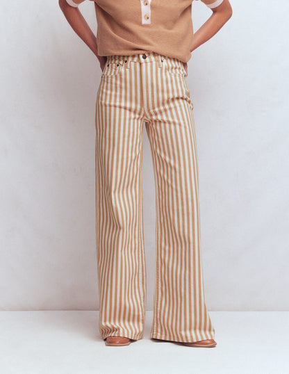 High Rise Wide Leg Jeans-Ecru Tan Stripe