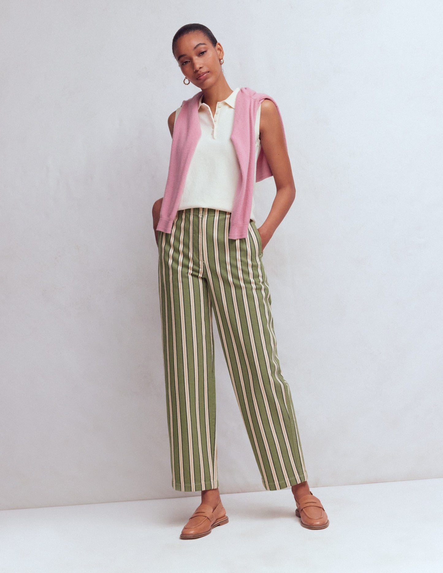 Barrel Leg Chino Pants-Green, Navy, Pink Stripe