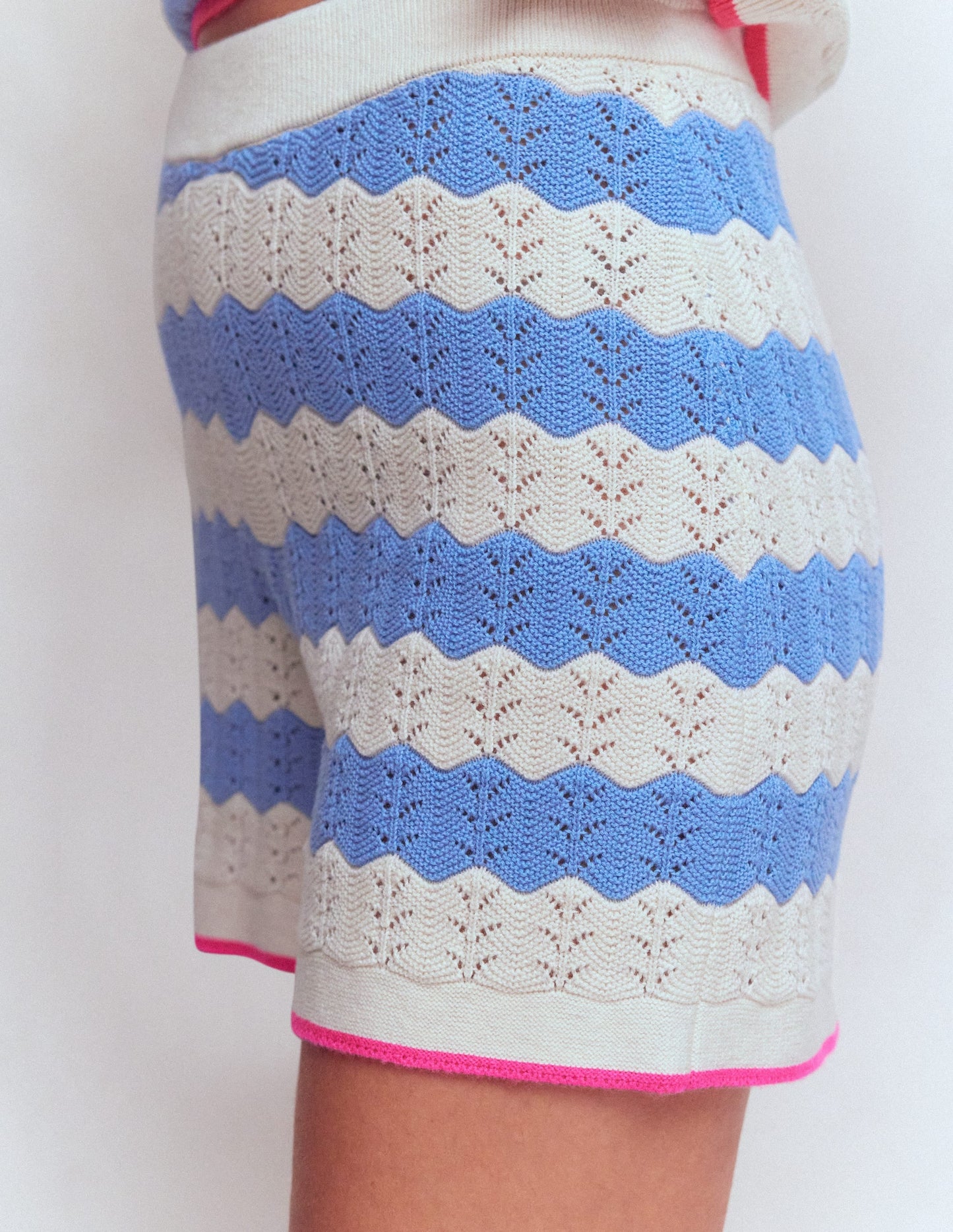 Knitted Pointelle Shorts-Blue, White