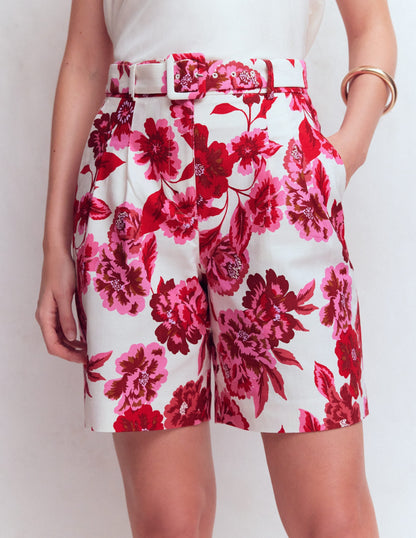 Chelsea Belted Tailored Shorts-Sangria Sunset, Floral Print