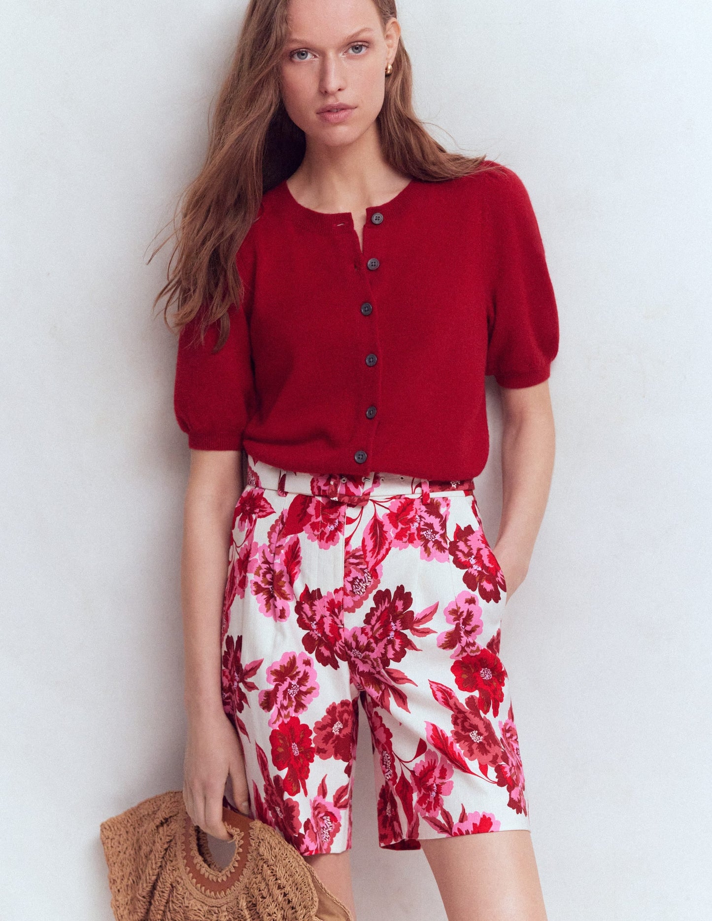 Chelsea Belted Tailored Shorts-Sangria Sunset, Floral Print