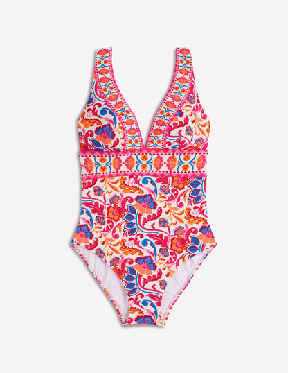 Porto V-neck Swimsuit-Pink Power, Flourishing Meadow