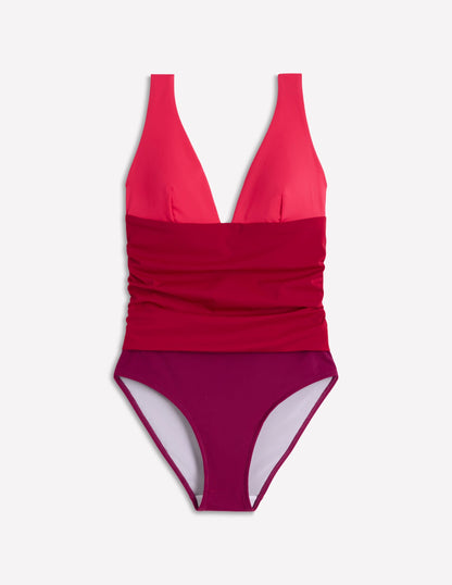 Mykonos Deep V Swimsuit-Red, Colour Block