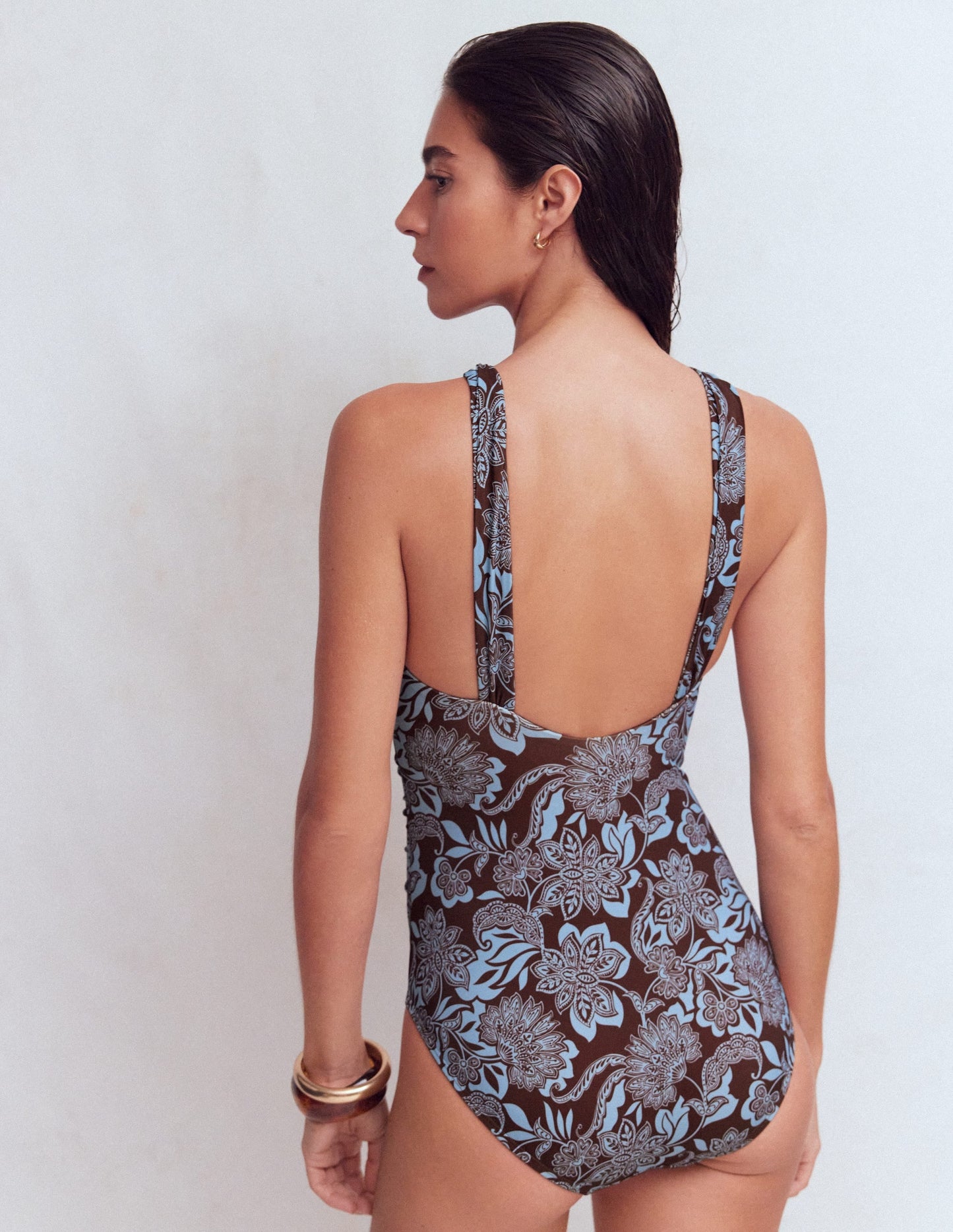 Pleated Strap Cross Swimsuit-Hot Chocolate, Elegant Blossom