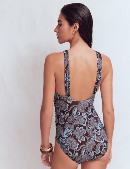 Pleated Strap Cross Swimsuit-Hot Chocolate, Elegant Blossom