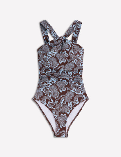 Pleated Strap Cross Swimsuit-Hot Chocolate, Elegant Blossom