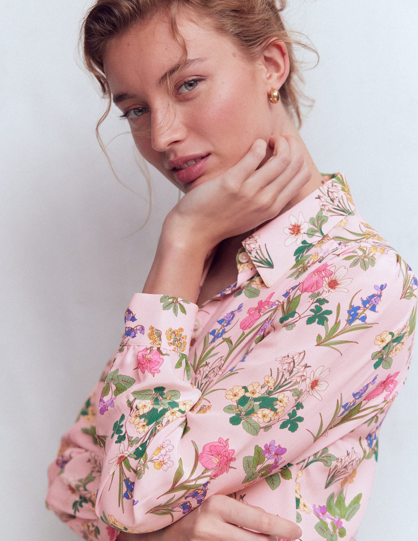 Sara Silk Shirt-French Pink, Delicate Blossom
