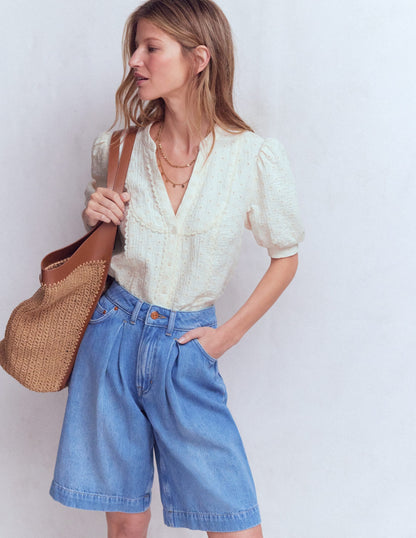 Trim Insert Double Cloth Top-Ivory Broderie