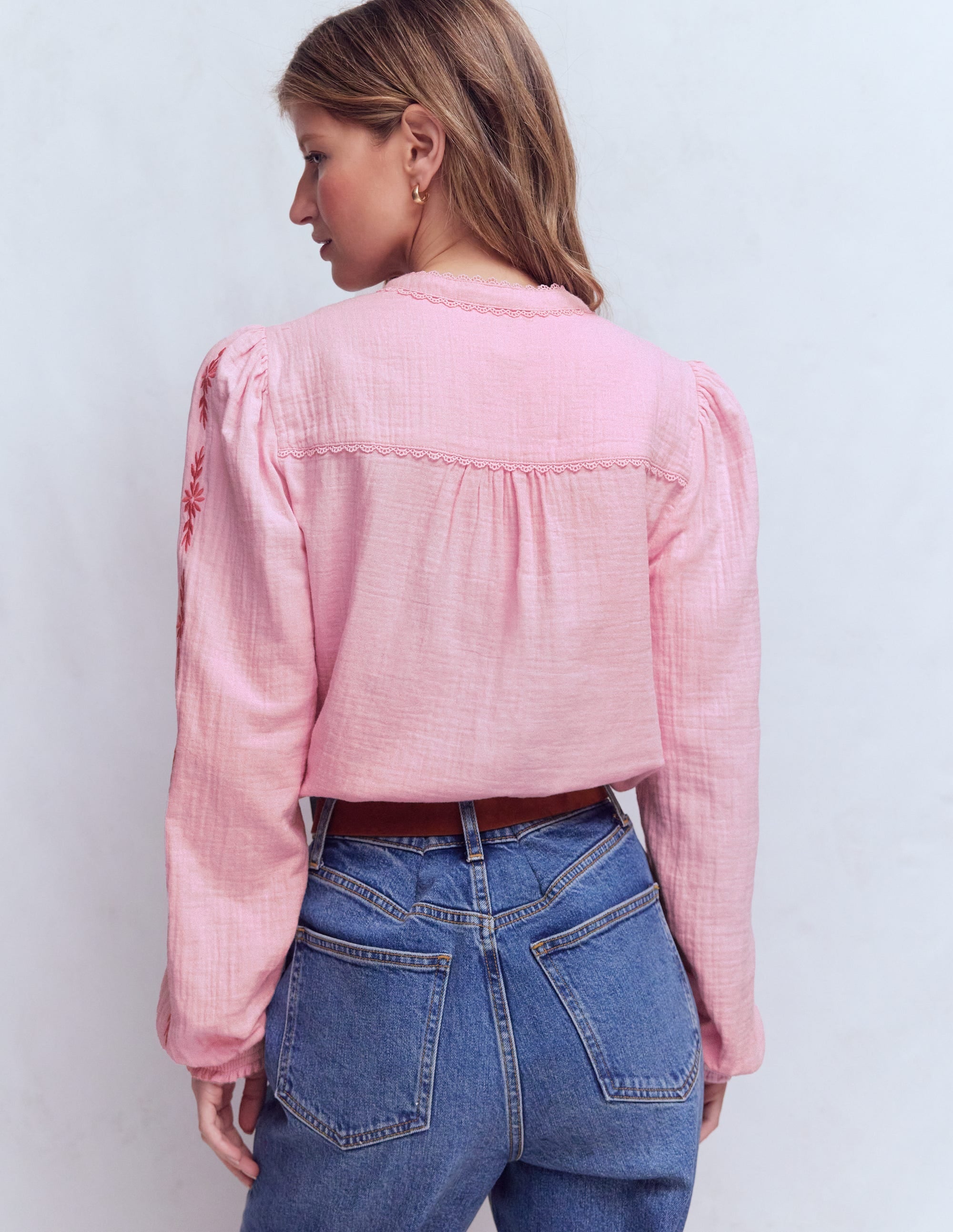 Rhea Trim Doublecloth Top-Formica Pink Embroidery