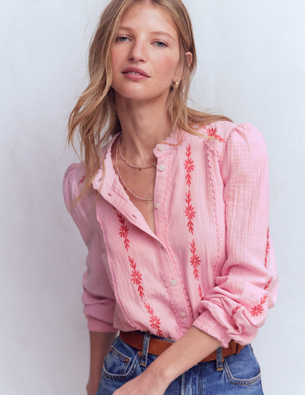 Rhea Trim Doublecloth Top-Formica Pink Embroidery