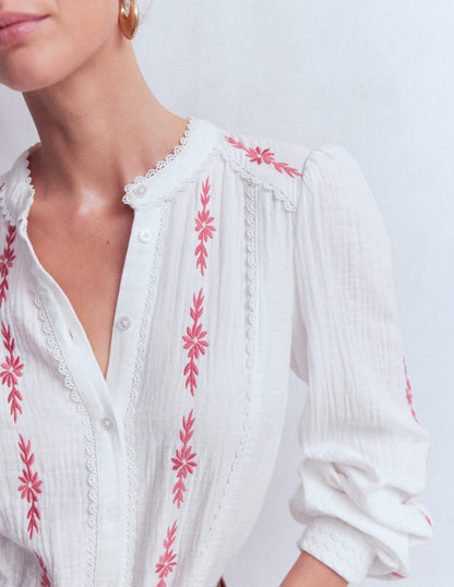 Rhea Trim Doublecloth Top-White Cherry Blush Floral