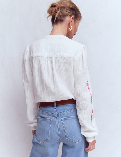 Rhea Trim Doublecloth Top-White Cherry Blush Floral