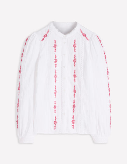 Rhea Trim Doublecloth Top-White Cherry Blush Floral