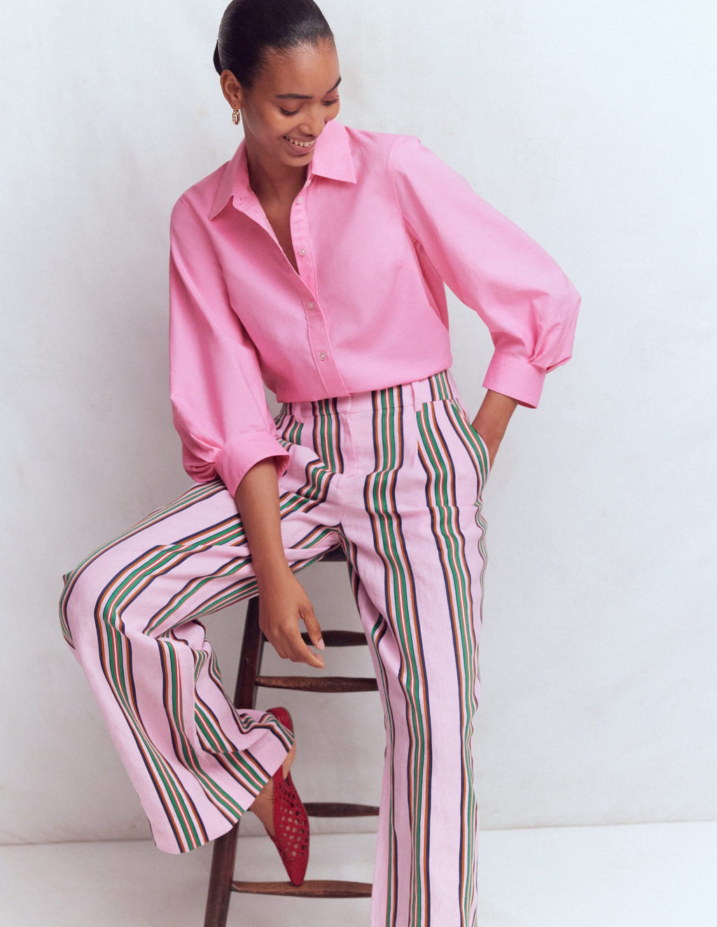Puff Sleeve Oxford Shirt-Pink