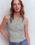 Evie Button Through Rib Vest-Ivory, Navy Stripe