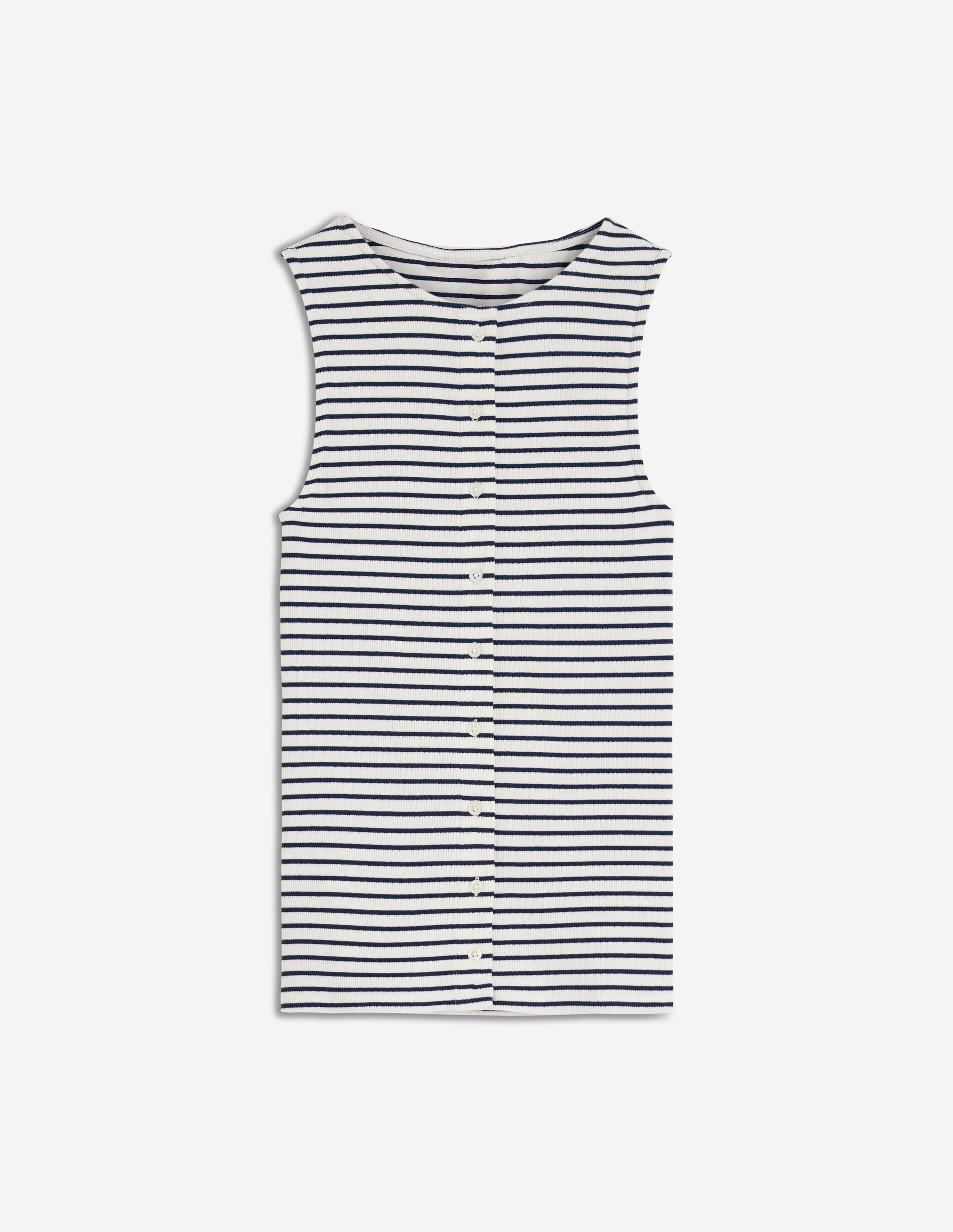 Evie Button Through Rib Vest-Ivory, Navy Stripe