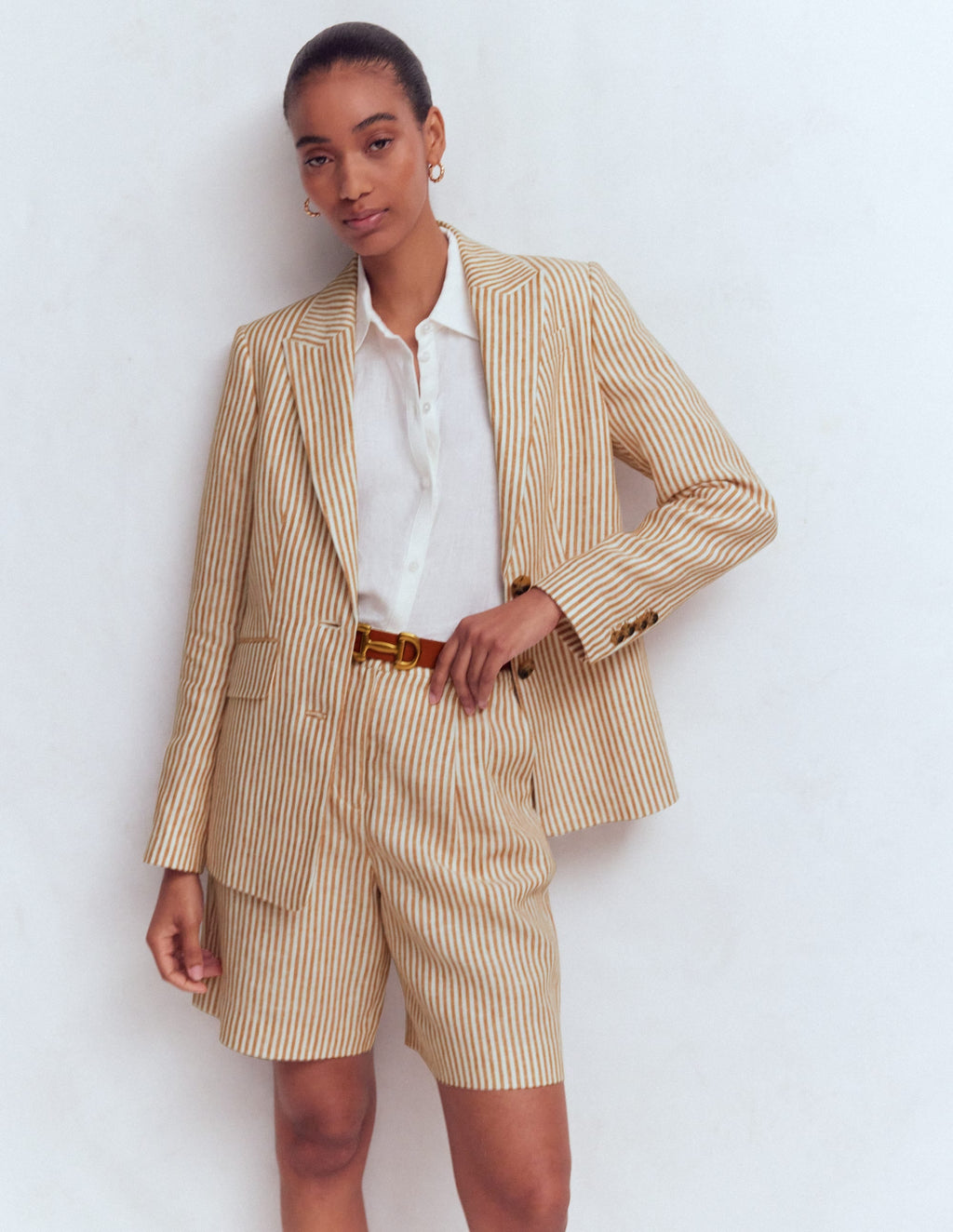 Stamford Linen Blazer-Brown, Ivory Ticking Stripe