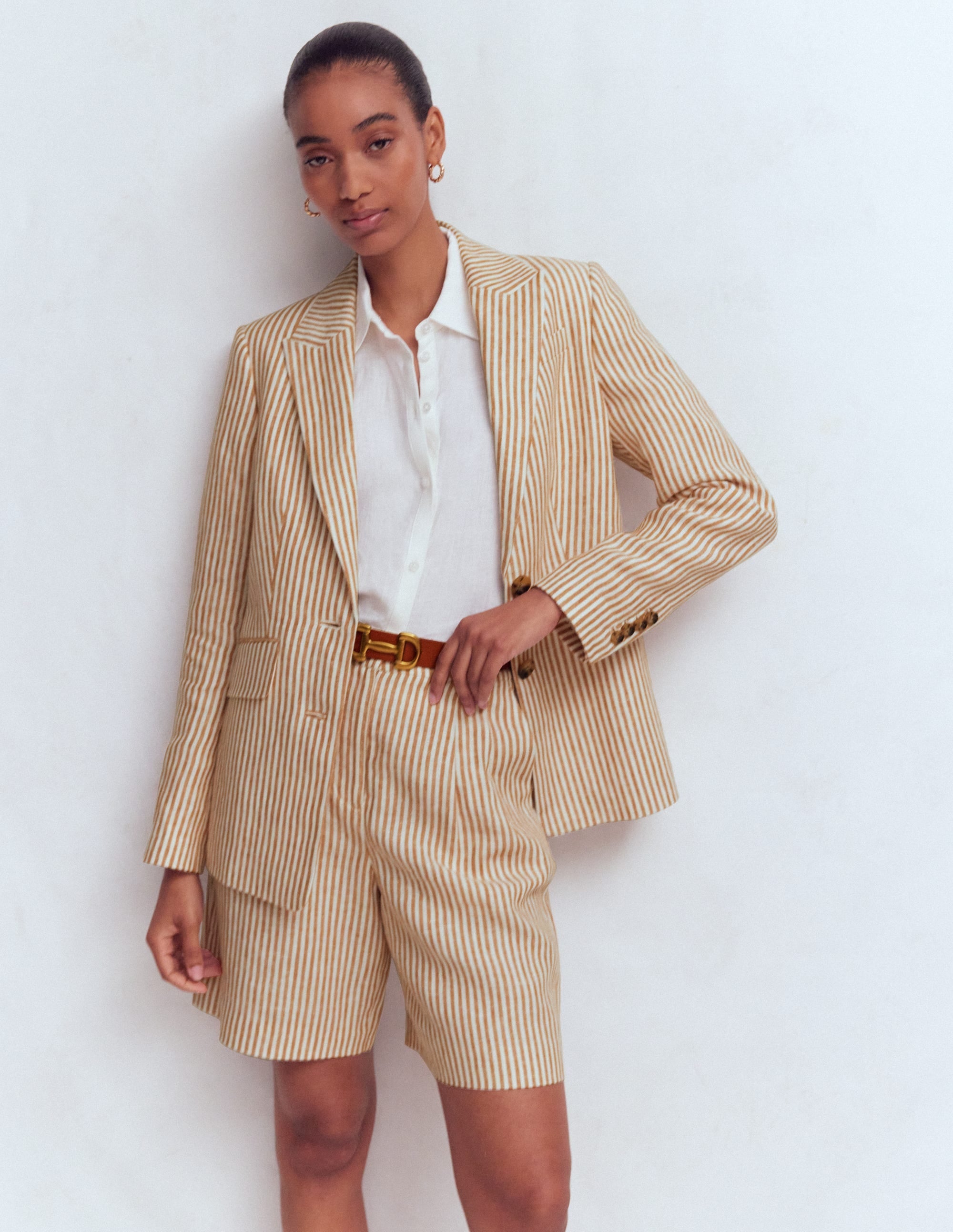 Stamford Linen Blazer-Brown, Ivory Ticking Stripe