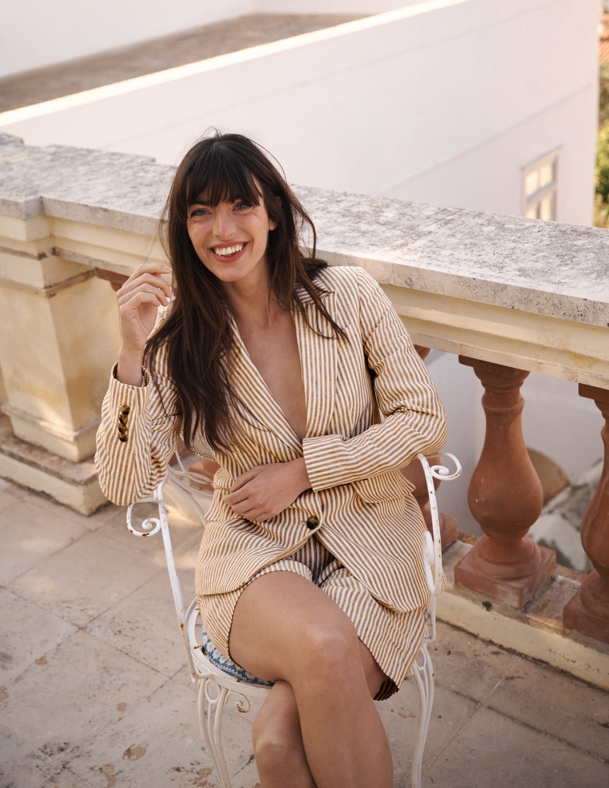 Stamford Linen Blazer-Brown, Ivory Ticking Stripe