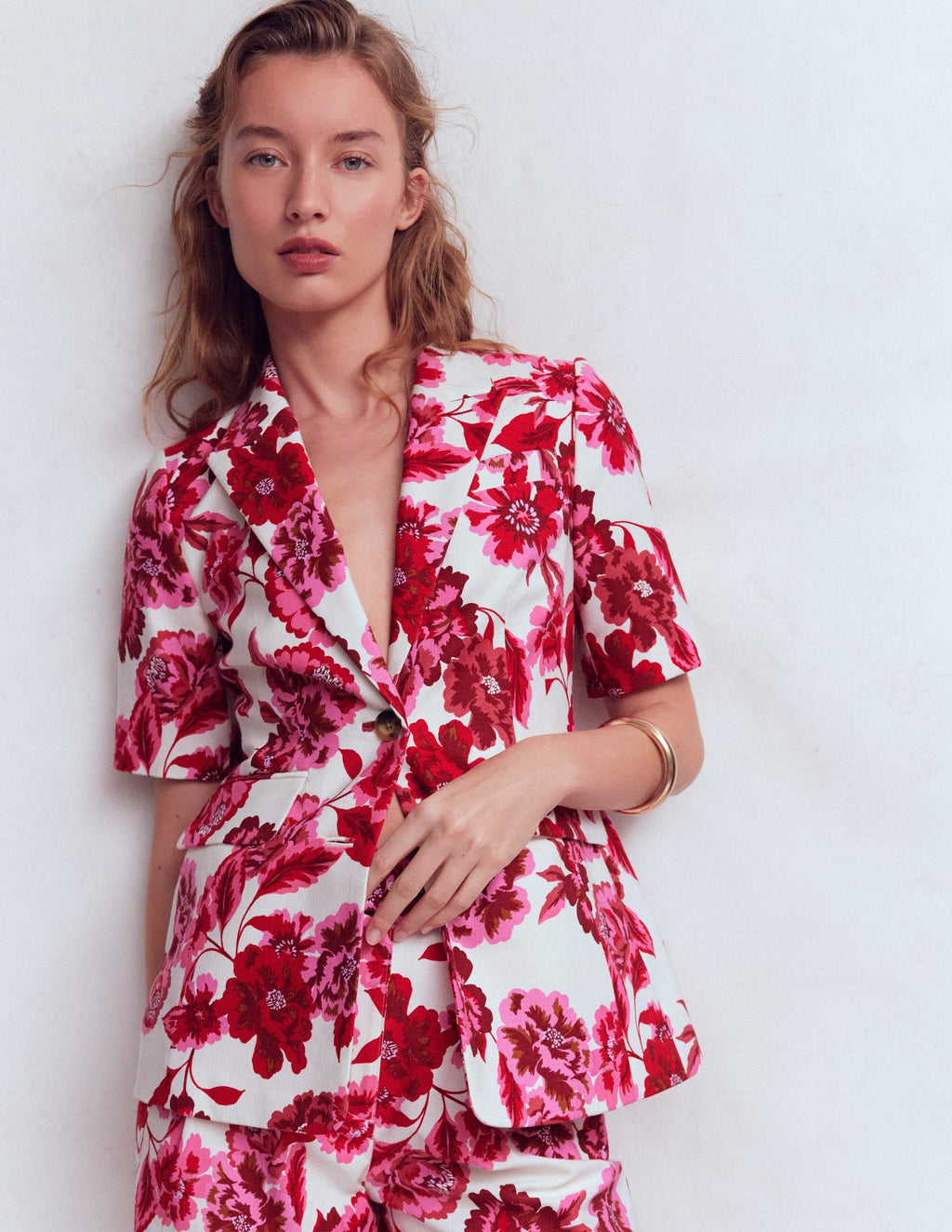 Short Sleeve Cotton Blazer-Sangria Sunset, Floral Print
