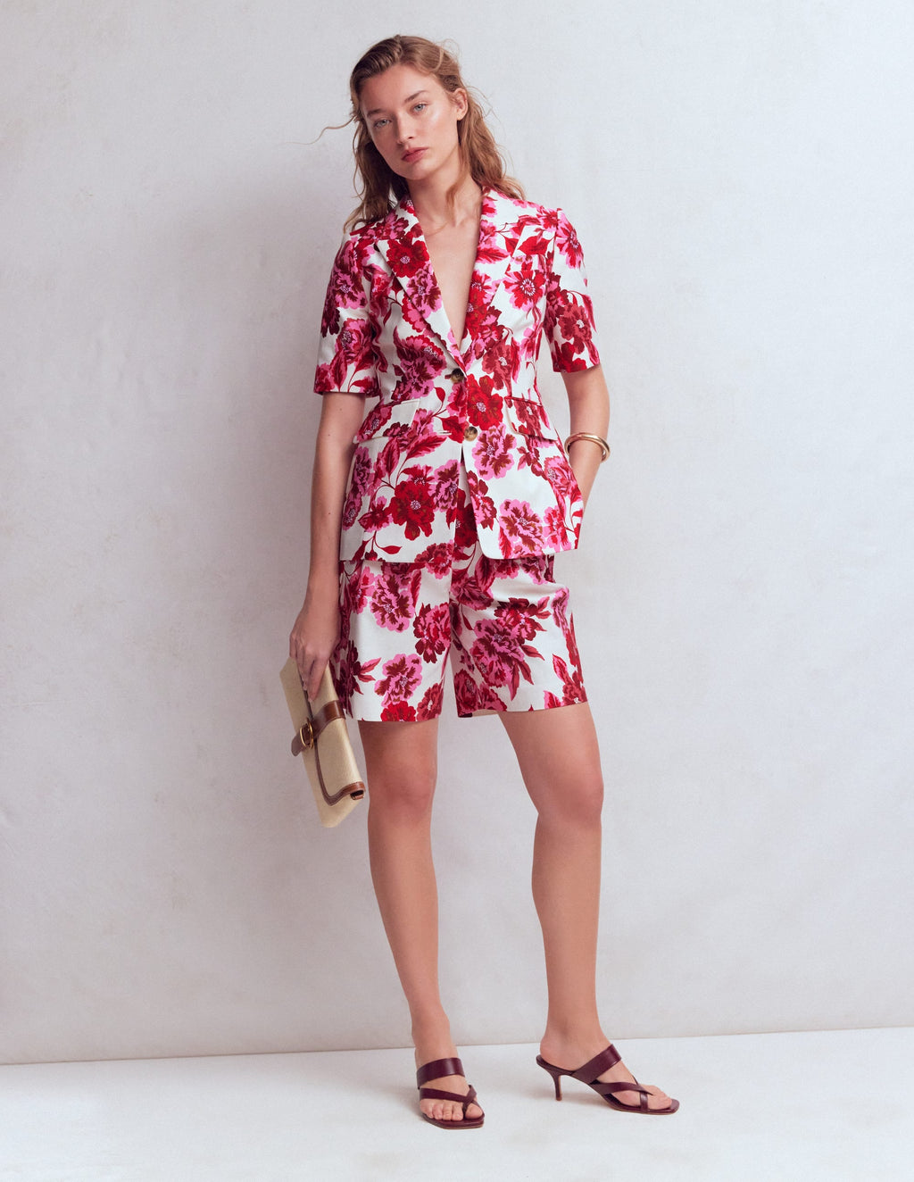 Short Sleeve Cotton Blazer-Sangria Sunset, Floral Print
