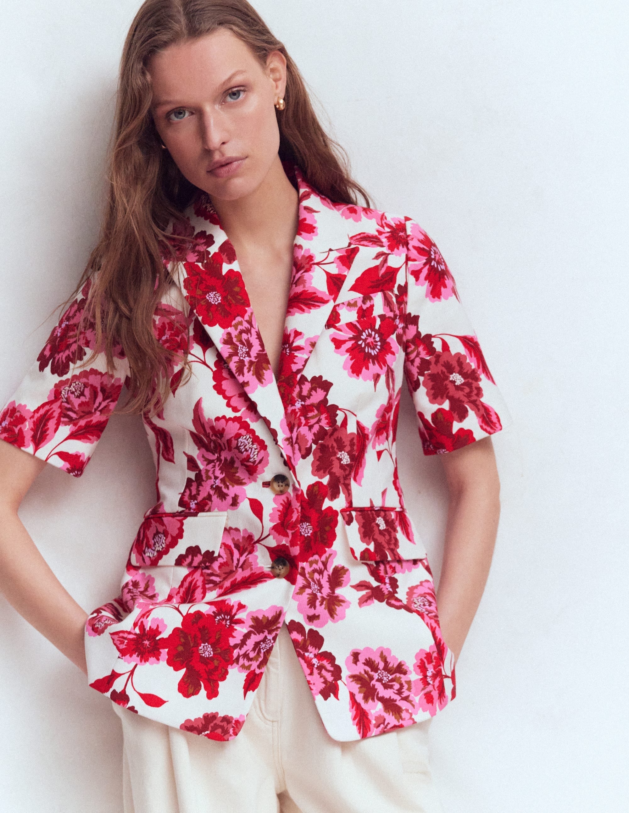 Short Sleeve Cotton Blazer-Sangria Sunset, Floral Print