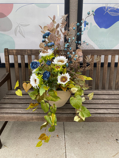 Silk floral dusty blue rust burst of blue porch pot 34 inch handmade outdoor safe for transitional fall home decor from Magnolias Home Decor