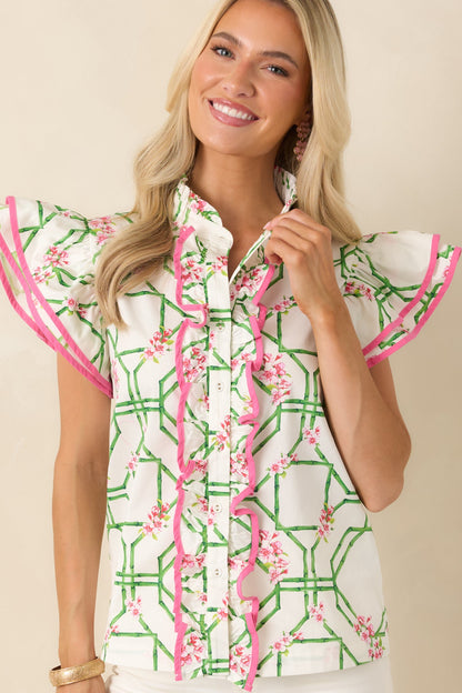 Prosperina Gracie White Multi Floral Trellis Cotton Blouse