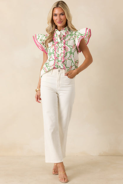 Prosperina Gracie White Multi Floral Trellis Cotton Blouse