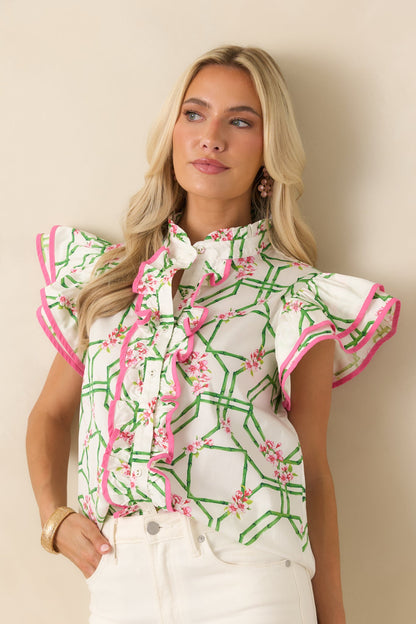 Prosperina Gracie White Multi Floral Trellis Cotton Blouse