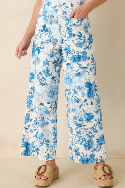 Grow Your Own Way Blue Floral Print Cotton Wide Leg Pants