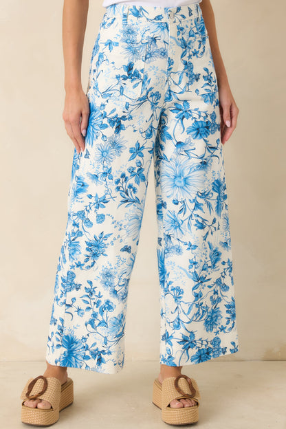 Grow Your Own Way Blue Floral Print Cotton Wide Leg Pants