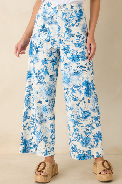 Grow Your Own Way Blue Floral Print Cotton Wide Leg Pants