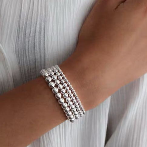 4mm Silver Beaded Bracelet Water Resistant Non Tarnish