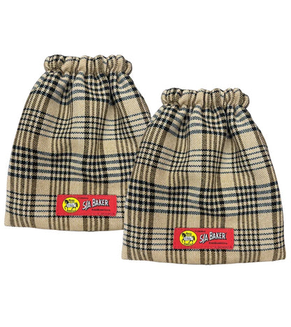 a pair of 5a baker plaid english stirrup covers on a white background