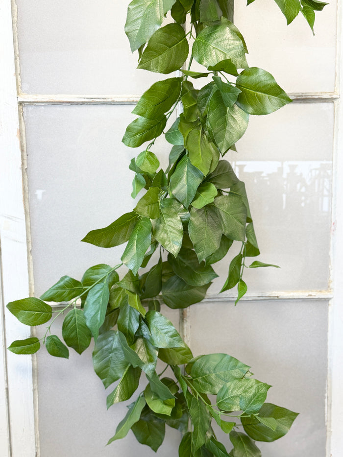 Close-up of uv protect salal leaf garland detail from Magnolias Home Decor