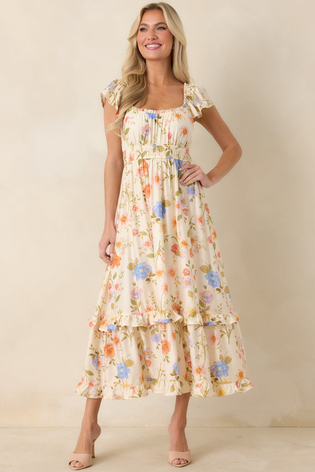 Wildflower Wishes Light Beige Multi Floral Midi Dress