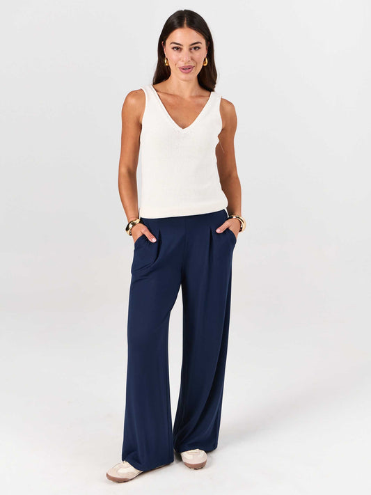 Pleat Front Wide Leg Pants - Navy