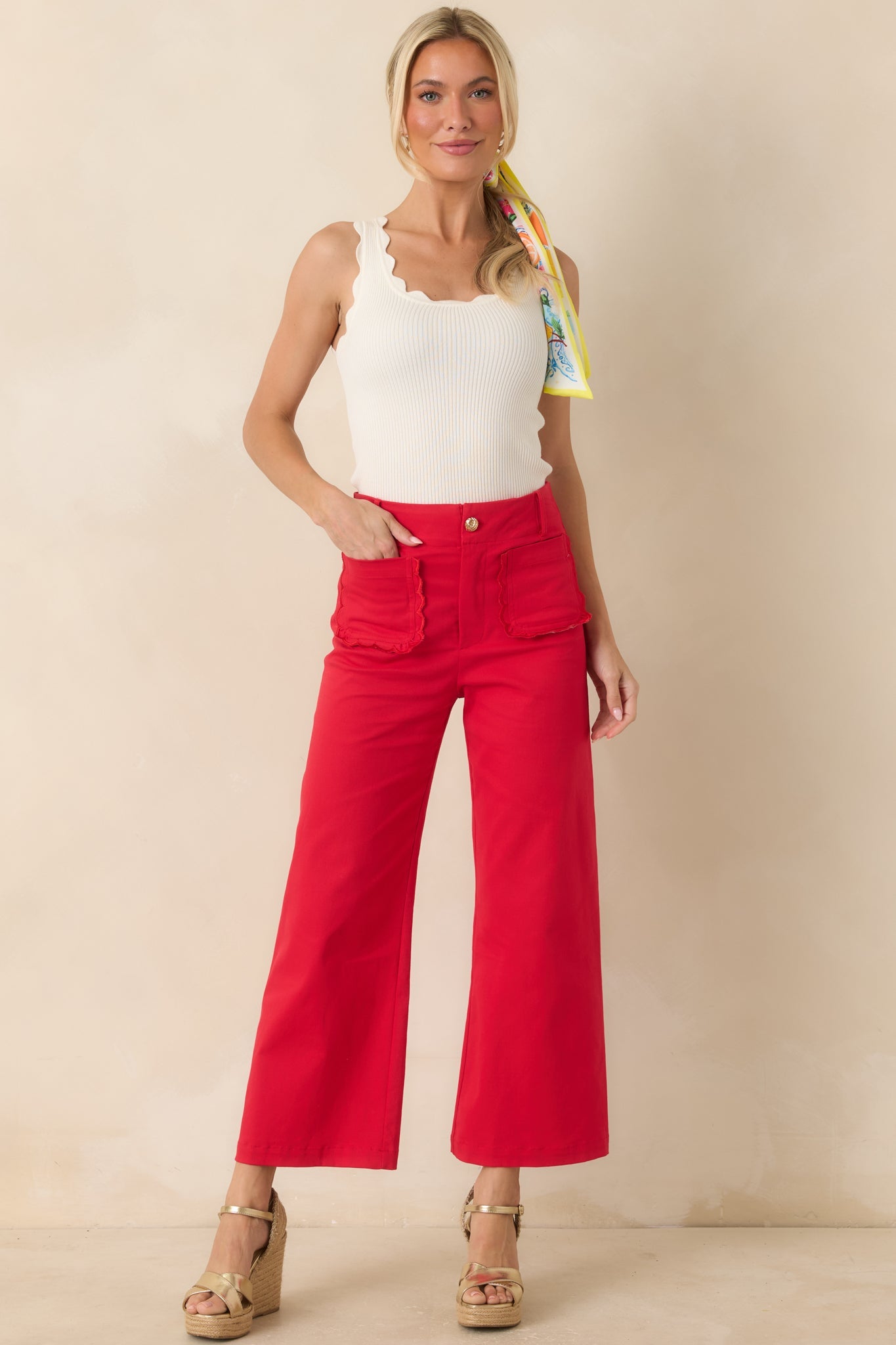 Prosperina Miller Cherry Red Cotton Scalloped Pocket Pants