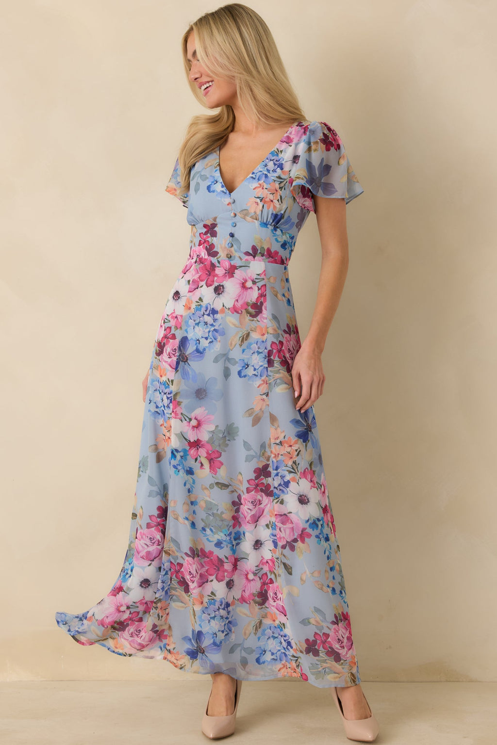 Fate Finds a Way Blue Multi Floral V-Neck Flutter Sleeve Maxi Dress