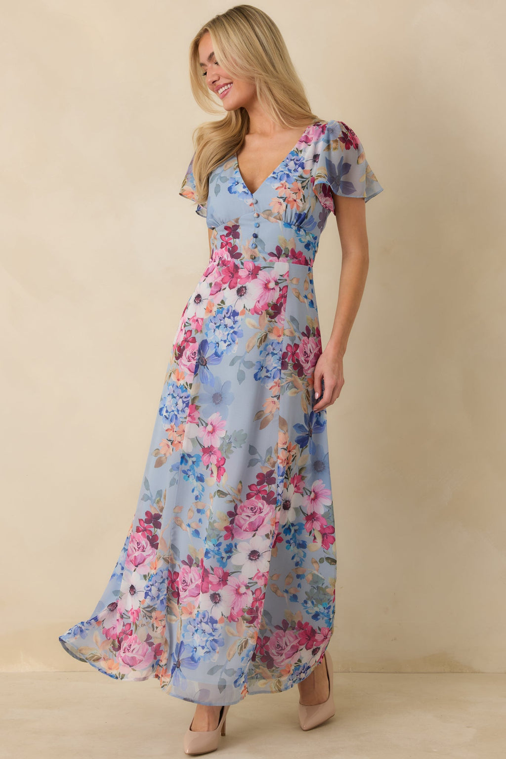 Fate Finds a Way Blue Multi Floral V-Neck Flutter Sleeve Maxi Dress