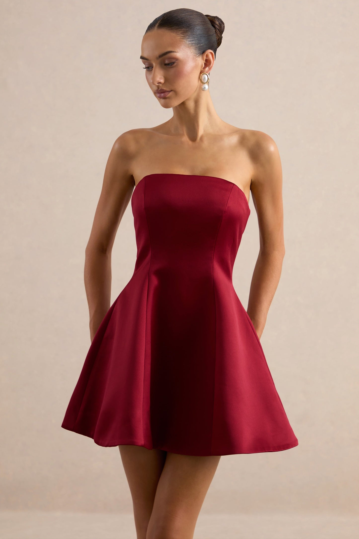 Lioray | Burgundy Satin Bandeau-Neck A-Line Mini Dress